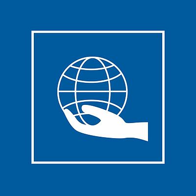 Unsere Services Service Icon (Hand, die eine Weltkugel hält)